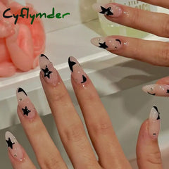 Cyflymder 24pcs Sweet Cool Y2k Style Ballet False Nails with Glue Acrylic Press on Nails Coffin Almond Full Cover Fake Nails Stick on Nail