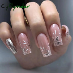 Cyflymder 24Pcs Tip Fake Nails Kit Long Almond Press on Nails with Jelly Glue Colorful Flower Leaf False Nails Reusable Natural Fit Artifi