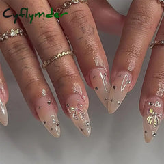 Cyflymder 24Pcs Tip Fake Nails Kit Long Almond Press on Nails with Jelly Glue Colorful Flower Leaf False Nails Reusable Natural Fit Artifi