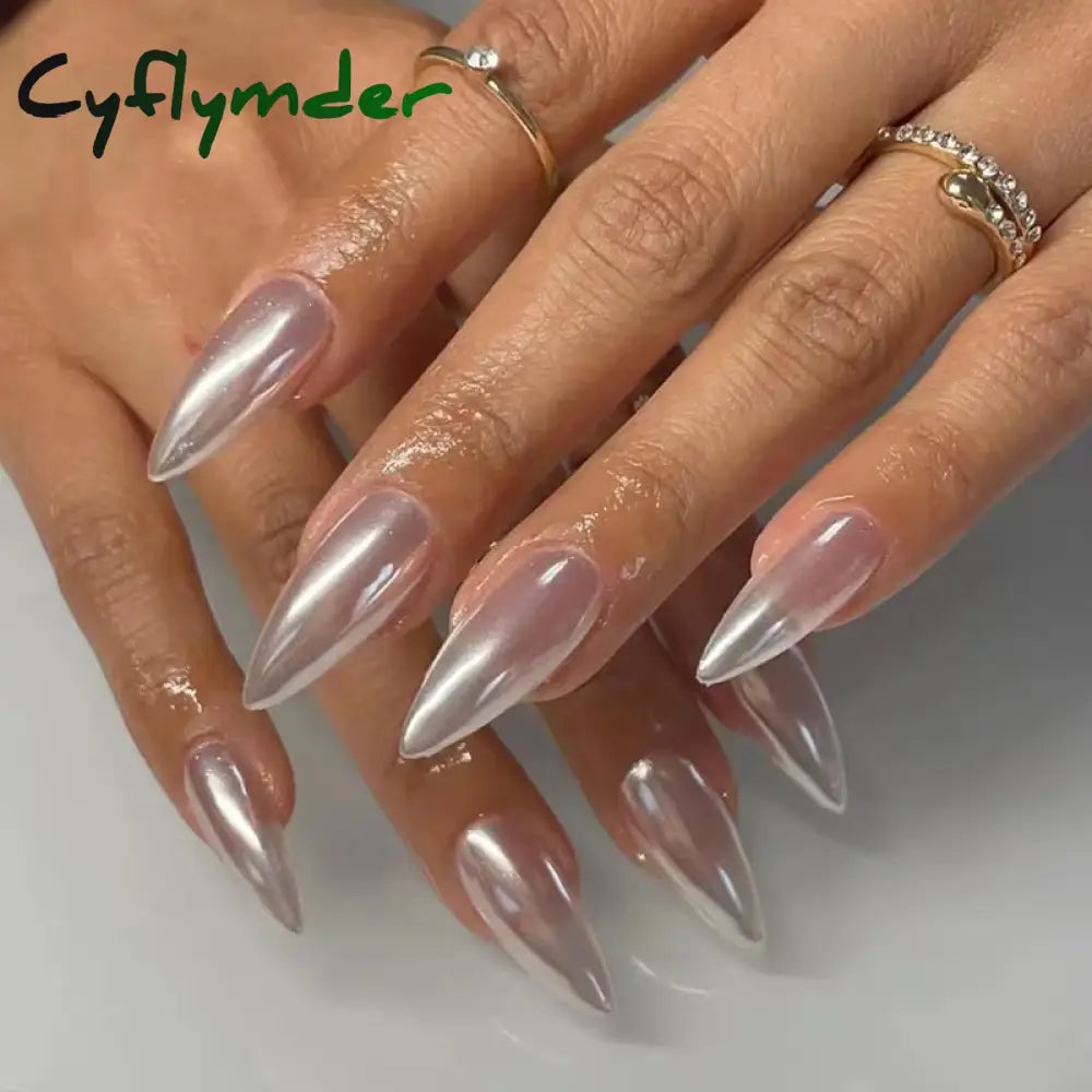 Cyflymder 24Pcs Water-drop Almond Fake Nails Sharp Nails Set  Press on Stiletto Glitter Silver False Nails Wearable Full Cover Nail Tips