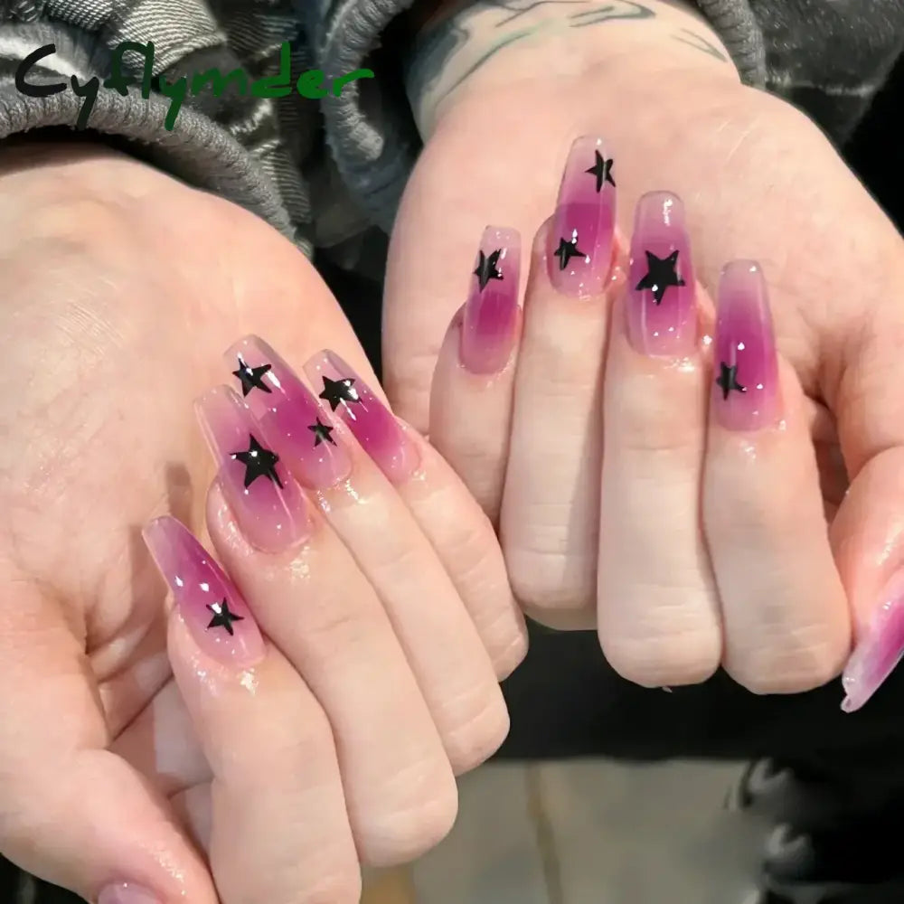 Cyflymder 24pcs wearable sweet cool y2k purple fake nails with black stars designs long ballet press on nails artificial nails with glue