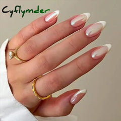 Cyflymder 24pcs White Pearl Press on Nails without Glue French False Nails Tip Long Oval Ballet Fake Tips Extension Manicure Decoration
