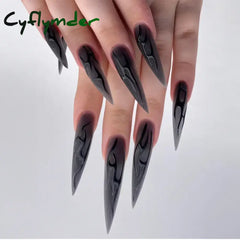 Cyflymder 24pcs y2k Long Pointed False Nails Cool Girl Style Silver Flame Pattern Press on Nails Detchable Full Cover Fake Nail Patches