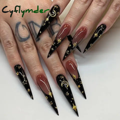 Cyflymder 24pcs y2k Long Pointed False Nails Cool Girl Style Silver Flame Pattern Press on Nails Detchable Full Cover Fake Nail Patches