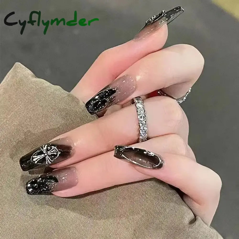 Cyflymder Black Square Press On Nails with 3D Cross Designs - Full Cover Acrylic False Nails for Women and Girls Detachable Long Fake nail