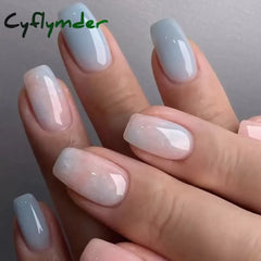 Cyflymder New Glacier Blue Jelly False Nail Shining Short Round Fake Nails Detachable Full Cover French Nail Tips for Salon DIY Nail Tool