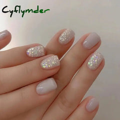 Cyflymder New Glacier Blue Jelly False Nail Shining Short Round Fake Nails Detachable Full Cover French Nail Tips for Salon DIY Nail Tool