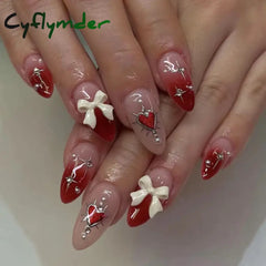 Cyflymder Simple Stiletto French Fake Nails for Valentine's Day Almond Sweet False Nails with Glue Full Cover Artificial Nails Press On