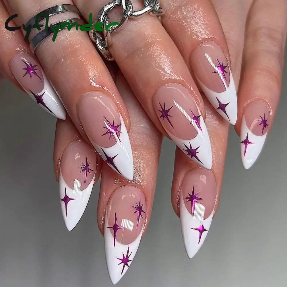 Cyflymder Simple Stiletto French Fake Nails for Valentine's Day Almond Sweet False Nails with Glue Full Cover Artificial Nails Press On