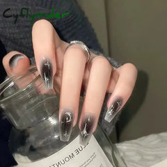 Cyflymder Y2k Fake Black Nail Long Ballet Reusable Adhesive Acrylic Press on set Nails Dark Acrylic Artificial False Nails Arts Tips 24pcs