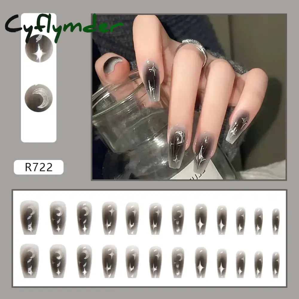 Cyflymder Y2k Fake Black Nail Long Ballet Reusable Adhesive Acrylic Press on set Nails Dark Acrylic Artificial False Nails Arts Tips 24pcs